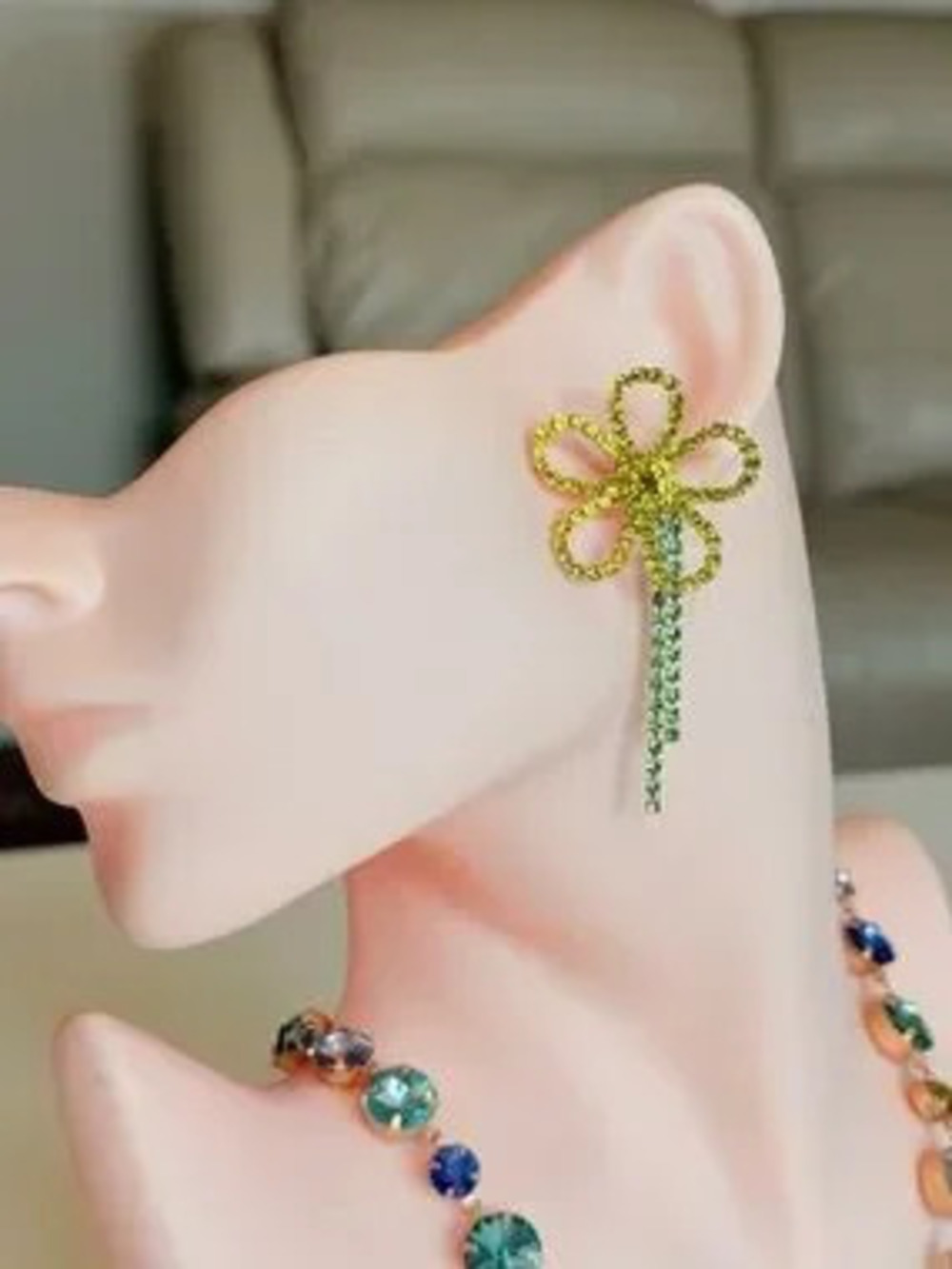 Chic Flower Transformer Drop Earrings in Yellow and Green Crystals
